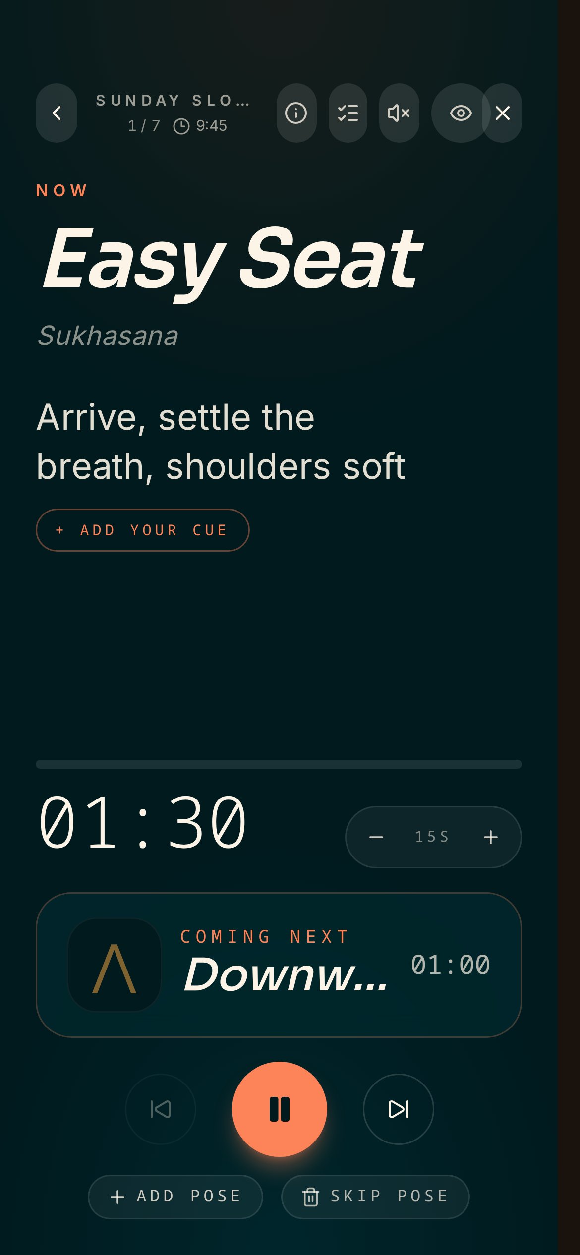 Play Mode mid-class: Easy Seat with the written cue, a 90-second timer and the next pose waiting below